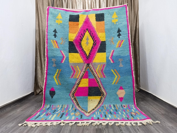 Amazing Moroccan Blue Rug - Custom Bohemian Rugs - Wool Rug Pink - Quality Handmade Morrocan Rug - Personalize Gifts For Home Decor