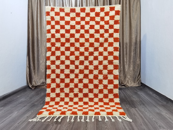 Custom Made Orange Handmade Moroccan Rug - Authentic Checkered Rug - Moroccan Handmade Rug - Orange And White Checkered Rug - Wool Rug.