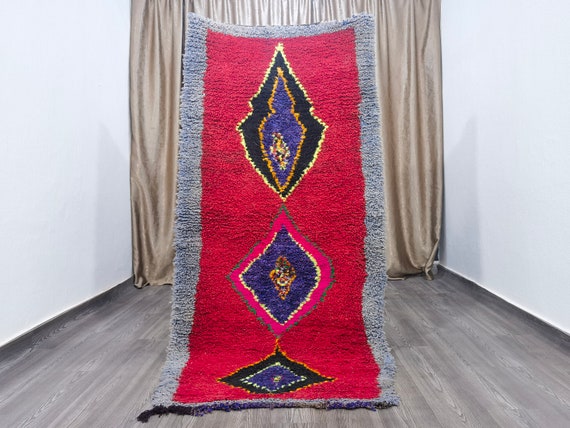 Amazing Beni Ourain Wool Runner, Fabulous Boujaad Runner Rug,Abstract Rug Runner, Boujaad Red Carpet, Tribal Berber rug 3.5x7.2