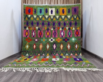 Custom Moroccan Boujaad Rug, Hand-Knotted Wool, Abstract Green Berber Rug