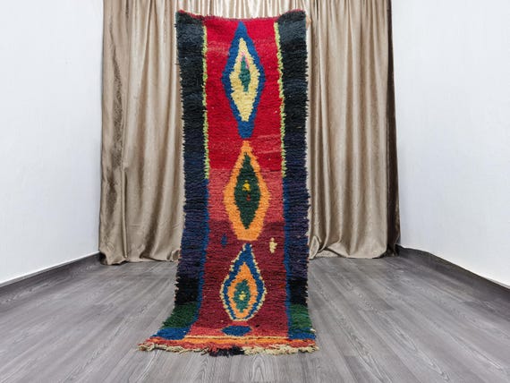 Boujaad Runner 2.2x6.6 Ft - Red Runner Rug - Tribal Runner Rug - Unique Runner Rug - Moroccan Berber Rug - Blue Hallway Runner