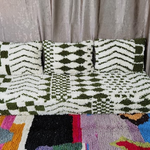 Moroccan Green and White Floor couch - Unstuffed Complete set Long Floor Cushion , Set of 6 ft (180x60x20 cm) + Back Pillows, Pillow cases