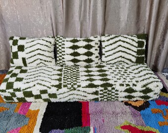 Juego de cojines marroquíes de lana hechos a mano, verde y blanco