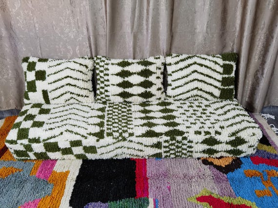 Moroccan Green and White Floor couch - Unstuffed Complete set Long Floor Cushion , Set of 6 ft (180x60x20 cm) + Back Pillows, Pillow cases