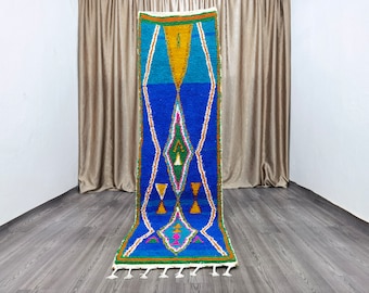 Gorgeous Blue boujaad Runner Rug, berber Colorful Runner Rug, Authentic Moroccan Blue rug, Berber Runner Carpet, Authentic boujaad runner