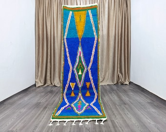 Blue Boujaad Runner Rug, Colorful Berber Moroccan Carpet