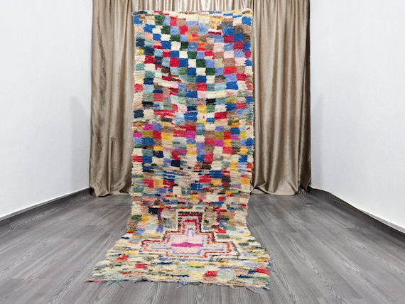 Gorgeous Handmade Moroccan Bohemian Shag Rug - Moroccan Colorful Boucherouite Rug - Old Boucherouite Rug 2.8x8.2 Ft 87 X 250 cm