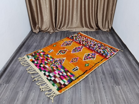 Orange Moroccan Rug: Handmade Wool Berber Carpet, Custom Azilal Rug