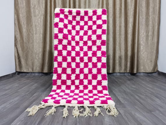 Custom Boujaad Moroccan Rug: Pink Wool Shaggy Bohemian Area Rug