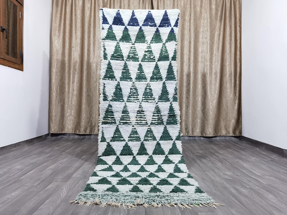 Genuine Moroccan rug - Hand-knotted Moroccan runner rug - Shaggy wool rug in green - Fluffy Moroccan rug - Stunning green Boujaad rug