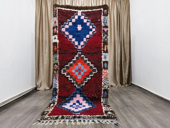 Hand-Knotted Boujaad Wool Runner Rug: Red Tribal Berber Hallway Rug (3.2x7.9 Ft)