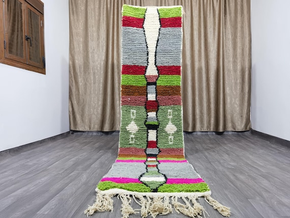 Moroccan handmade rug - luxurious moroccan runner rug - authentic moroccan green rug - berber runner carpet -  abstract green rug