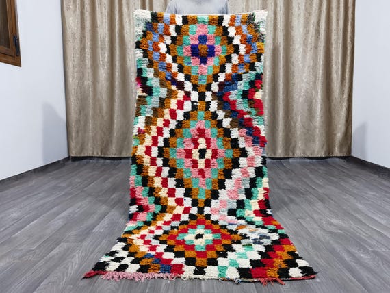 Moroccan Rug Runner - Checkered Runner Rug - Shag Berber Rug - Berber Runner Carpet - Hand Woven Rug - Unique runner rug - Boucherouite Rug