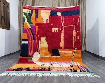 Handwoven Moroccan Boujaad Wool Rug, Bohemian Red Rug