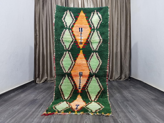 Gorgeous Authentic boujaad runner rug 2.9x6.4 Ft - berber Colorful Runner Rug - Moroccan Runner Rug - Authentic Moroccan Green rug