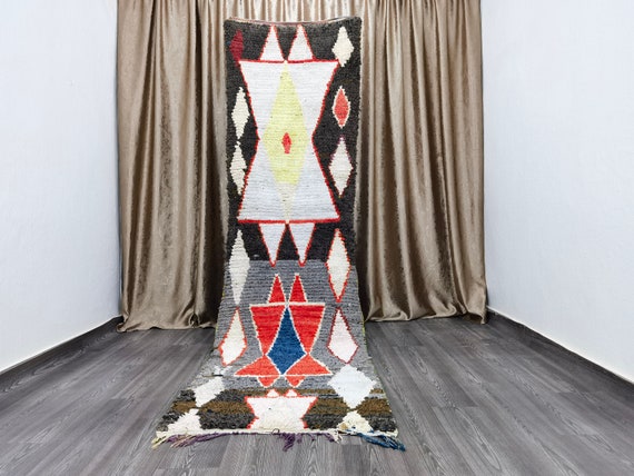 Hand-Knotted Boujaad Wool Runner Rug – Black Tribal Hallway Decor (3x11 Ft)