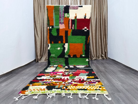 Boujaad Runner Rug, Soft Wool Rug, Morrocan Runner Rug, Handmade Runner Rug, Abstract Runner Rug, Green Wool Shaggy Rug, Azilal Runner Rug