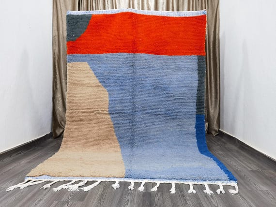 Beni ourain rug -Handmade rug - Moroccan rug- Berber carpet - Blue Beni ourain style - Custom Rug- large area rug 9x12- authentic orange rug