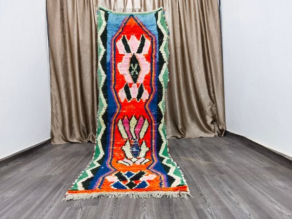 Vintage Orange Beni Ourain Runner Rug: Hand-Knotted Moroccan Hallway Carpet (2.85x8,9 Ft)