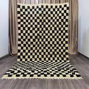 Large Black And White Checkered Rug , Moroccan Checkerboard Rug,  Checkered Area Rug, Boujaad Moroccan Rug , Soft Moroccan Rug, Soft Colored