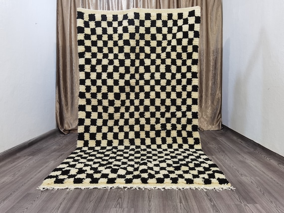 Large Black And White Checkered Rug , Moroccan Checkerboard Rug,  Checkered Area Rug, Boujaad Moroccan Rug , Soft Moroccan Rug, Soft Colored
