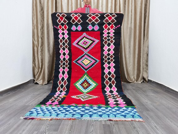 Hand-Knotted Red Boujaad Runner Rug: Moroccan Berber Wool Hallway Rug (4.2x8.6 Ft)