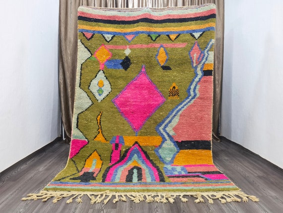 Green Beni Ourain Custom Rug - Beniourain Sofa Rug - Wool Shaggy Rug - Berber Colorful Rug - Green Moroccan Rug - Custom Rugs Living Room