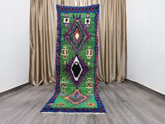 Boujaad Runner 2.7x9 Ft - Green Runner Rug - Tribal Runner Rug - Unique Runner Rug - Moroccan Berber Rug - Green Hallway Runner