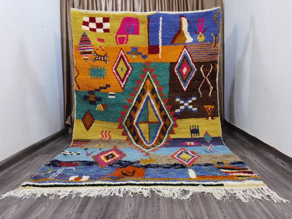 Blue Rugs For Living Room - Soft Area Rug - Moroccan Handmade Rug, Tribal Berber Rug, Unique Colorful boujaad Rug