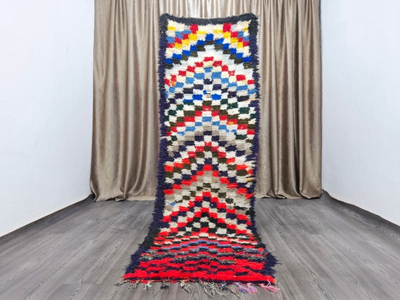 Hand-Knotted Wool Berber Runner Rug: Colorful Bohemian Entryway Carpet (2.5x8.2 ft)