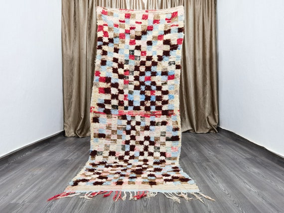3.4x8.4 checkered Boujad Runner Rug - Amazing Checker Runner, Beni Ourain Rug - Checkered Runner Rug - Narrow Moroccan checkered runner rug