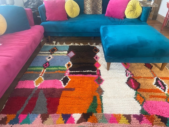 Handmade Orange Berber Rug – Bohemian Moroccan Wool Rug .