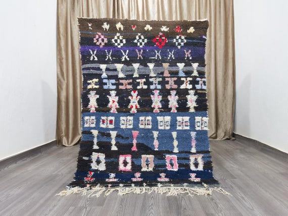 Boujaad runner rug, Colorful rug runner, Berber bedroom rug, Moroccan hallway rug, Black berber runner, Runner Black 3.7x5.4 FT / 113x166 cm