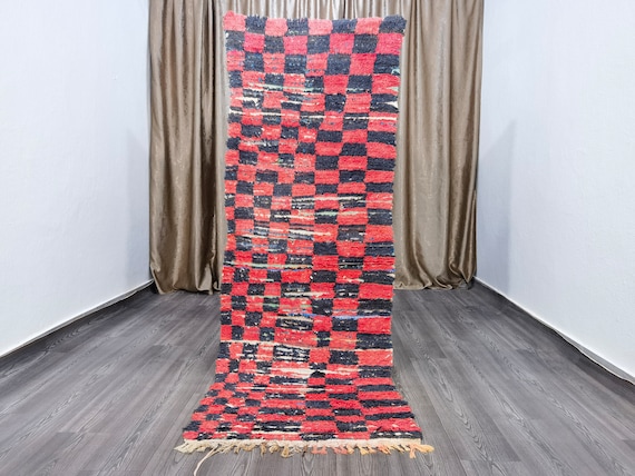 Colorful Checkered Rug - long runner rug -  Red Moroccan Rug - Wool Nursery Rug - Authentic Moroccan Rug - bohemian floor sofa rug