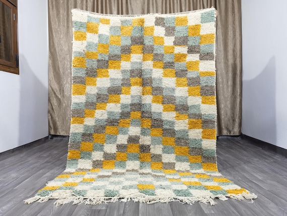 Berber Checkered Rug: Boujaad Moroccan Wool Rug, Yellow & Green