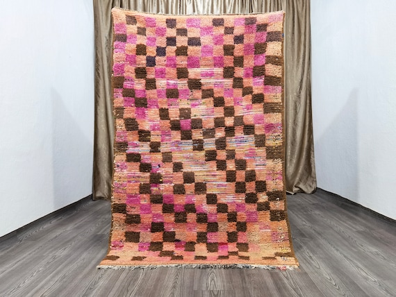 3,7×5,8 ft - Moroccan Checkerboard vintage runner rugs - Berber Vintage Bedroom Tuareg Carpet 3,7x5,8 ft - Moroccan Boujaad Checkerboard