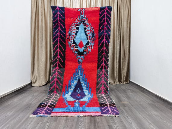 Red Moroccan Runner Rug, Moroccan Handmade Runner Rug, Authentic Moroccan Rug, Blue Moroccan Rug,  Traditional Rug 4x9.3 Ft 122 X 283 cm .
