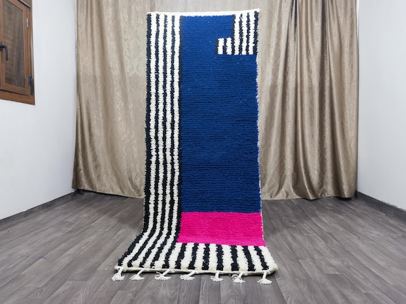 Blue Beni Ourain Shaggy Runner – Handmade Moroccan Wool Rug .