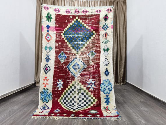 Gorgeous Authentic boujaad runner rug 4x6.6 Ft - berber Colorful Runner Rug - Moroccan Runner Rug - Authentic Moroccan Red rug
