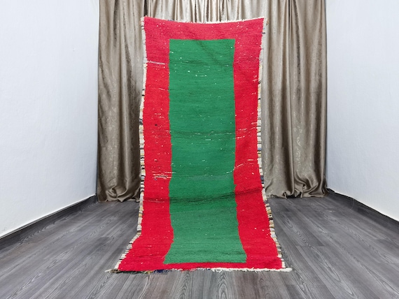 Hand-Knotted Wool Moroccan Runner Rug: Green and Red Boho Rug (3.3x7.7 Ft)