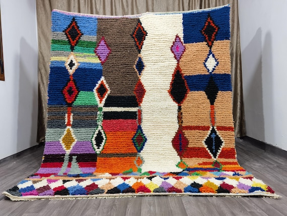 Handmade Berber Boujaad Statement Carpet - Multicolor Moroccan Wool Rug .