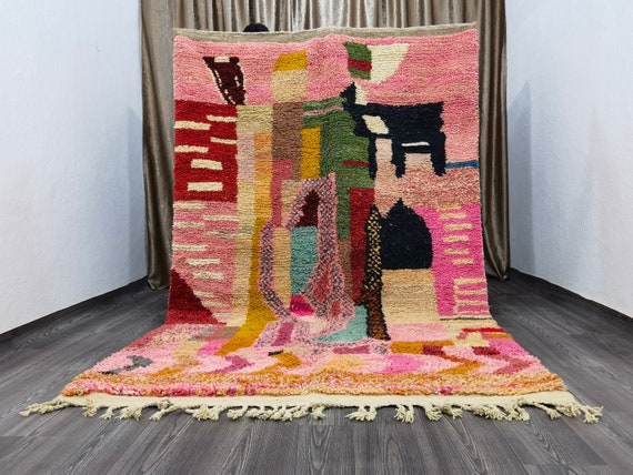 Amazing Moroccan Pink Rug - Custom Bohemian Rugs - Wool Rug Green - Quality Handmade Morrocan Rug - Personalize Gifts For Home Decor
