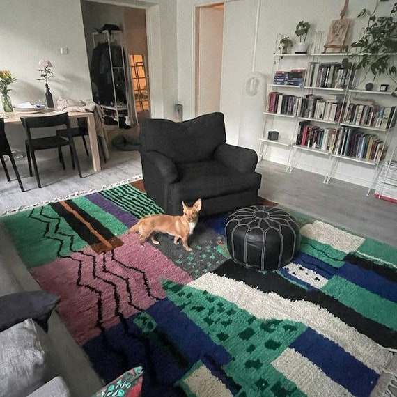 Amazing Minimalistic Rug - Gorgeous Boujaad Green Rug- Abstract Multicolored Carpet - Handmade Moroccan Rug - Beniourain Sofa Rug