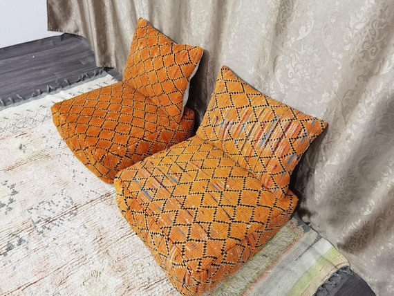 Handmade Wool Moroccan Floor Cushion Set: Unstuffed Poufs, Back Cushions