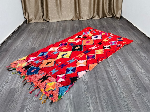 Gorgeous Moroccan Runner Rug - 3,2x6,5 Ft Cotton Area Rug - Red Boujaad Rug - ohemian Boujaad Rug - Berber Runner Rug - Home Decor Gifts
