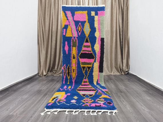 Amazing Moroccan Blue Rug - Blue Beni Ourain Runner Rugs - Authentic Beni Ourain Hallway, Authentic Moroccan Rug, Unique Geometric Rug