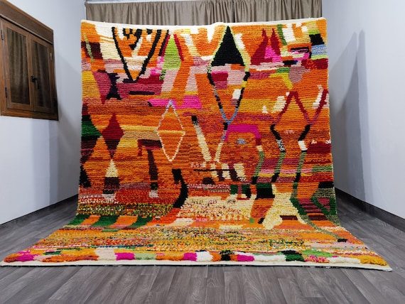 UNIQUE MOROCCAN ORANGE Rug - Authentic Berber Rug, Soft Area Rug, Wool Orange Shaggy Rug, Bohemian Style Rug For Living Room.