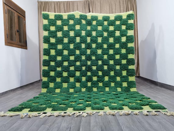 Gorgeous Beni Ourain Rug, Moroccan Green checkered rug, checkerboard Handmade area rugs , Wool Green Shaggy Rug, Custom Rugs For Living Room