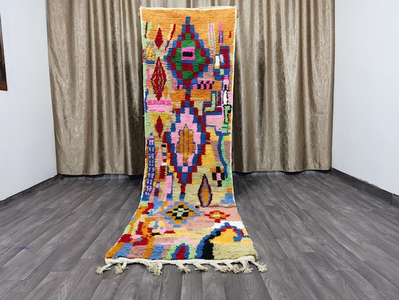 Orange Wool Moroccan Runner Rug – Beni Ourain Tribal Design - Entryway Carpet .