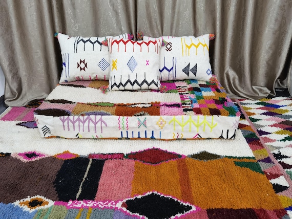 Handmade Wool Moroccan Floor Couch Cover Set: Unstuffed Cushion & Pillow Cases .
